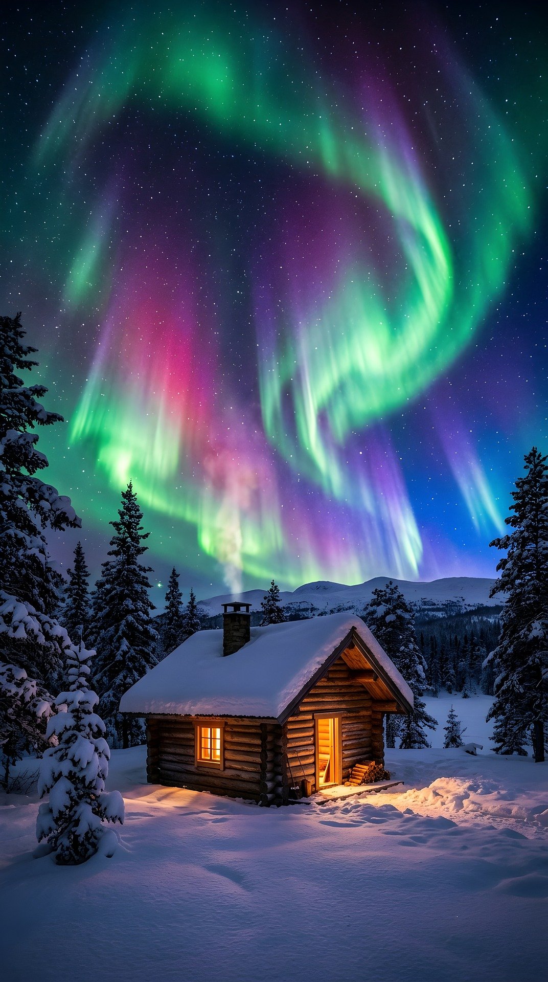 Warm log cabin beneath green, pink, and purple aurora in snowy pines
