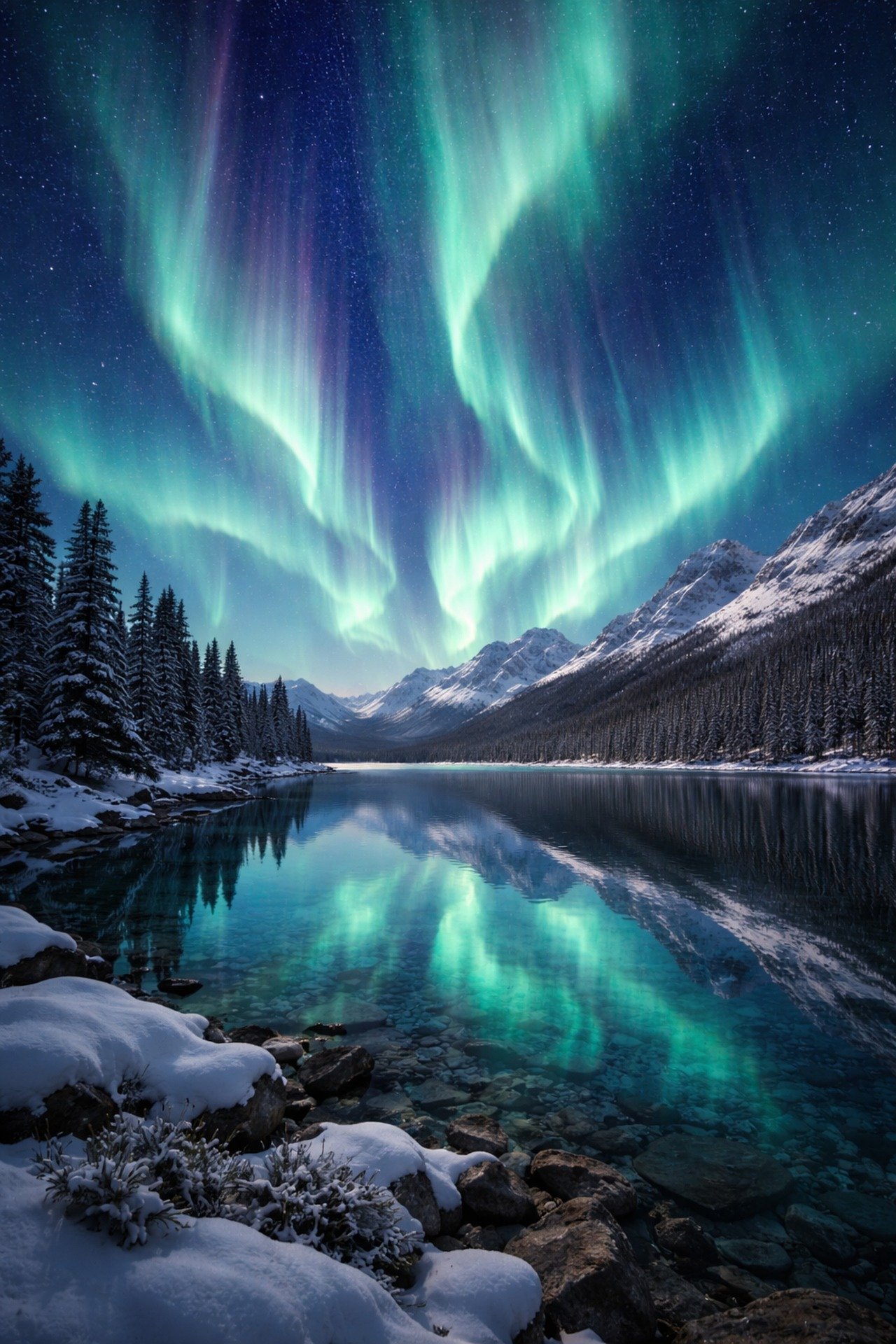Green aurora curtains above a snowy mountain lake
