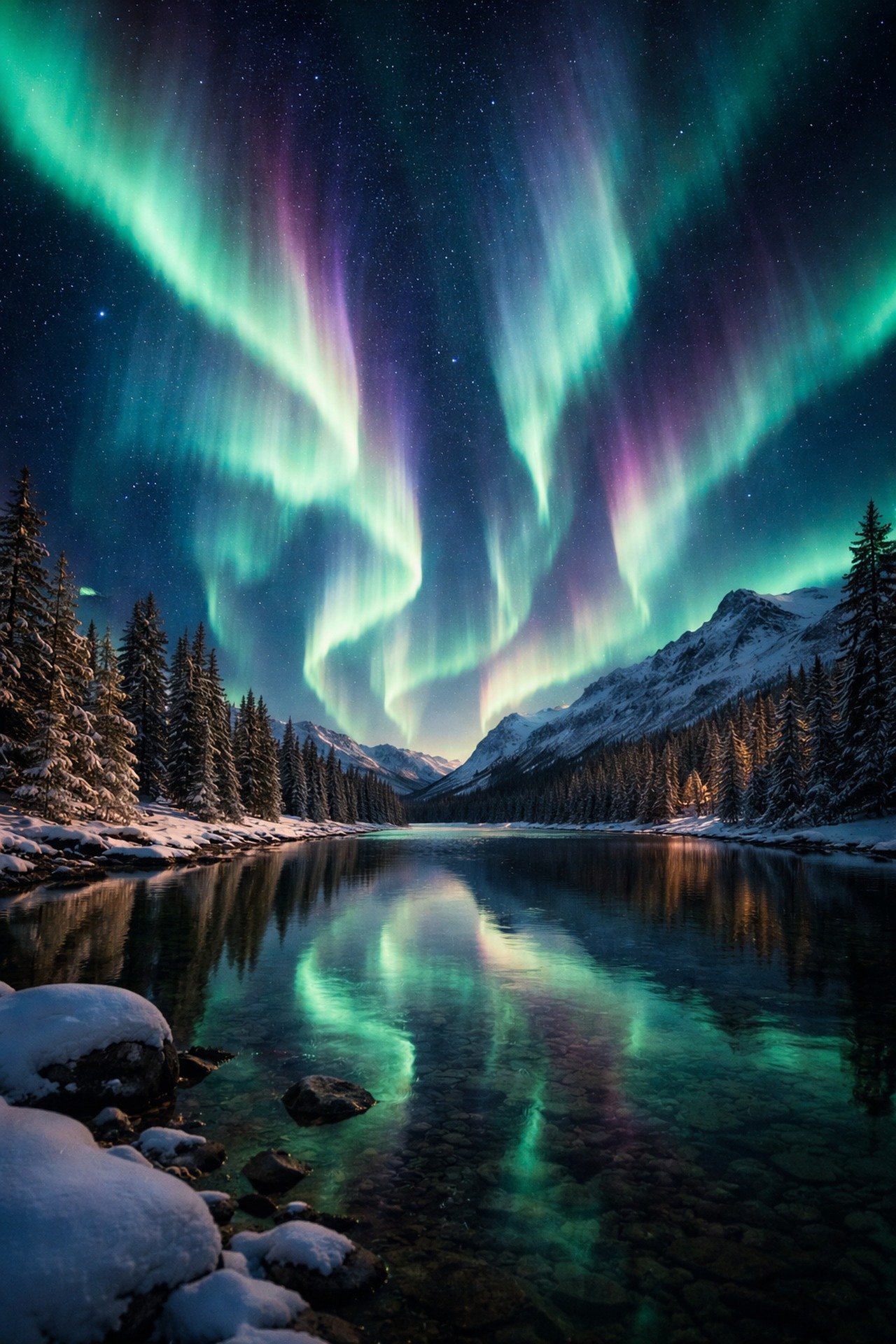 Green and violet aurora above snowy mountains and a reflecting lake