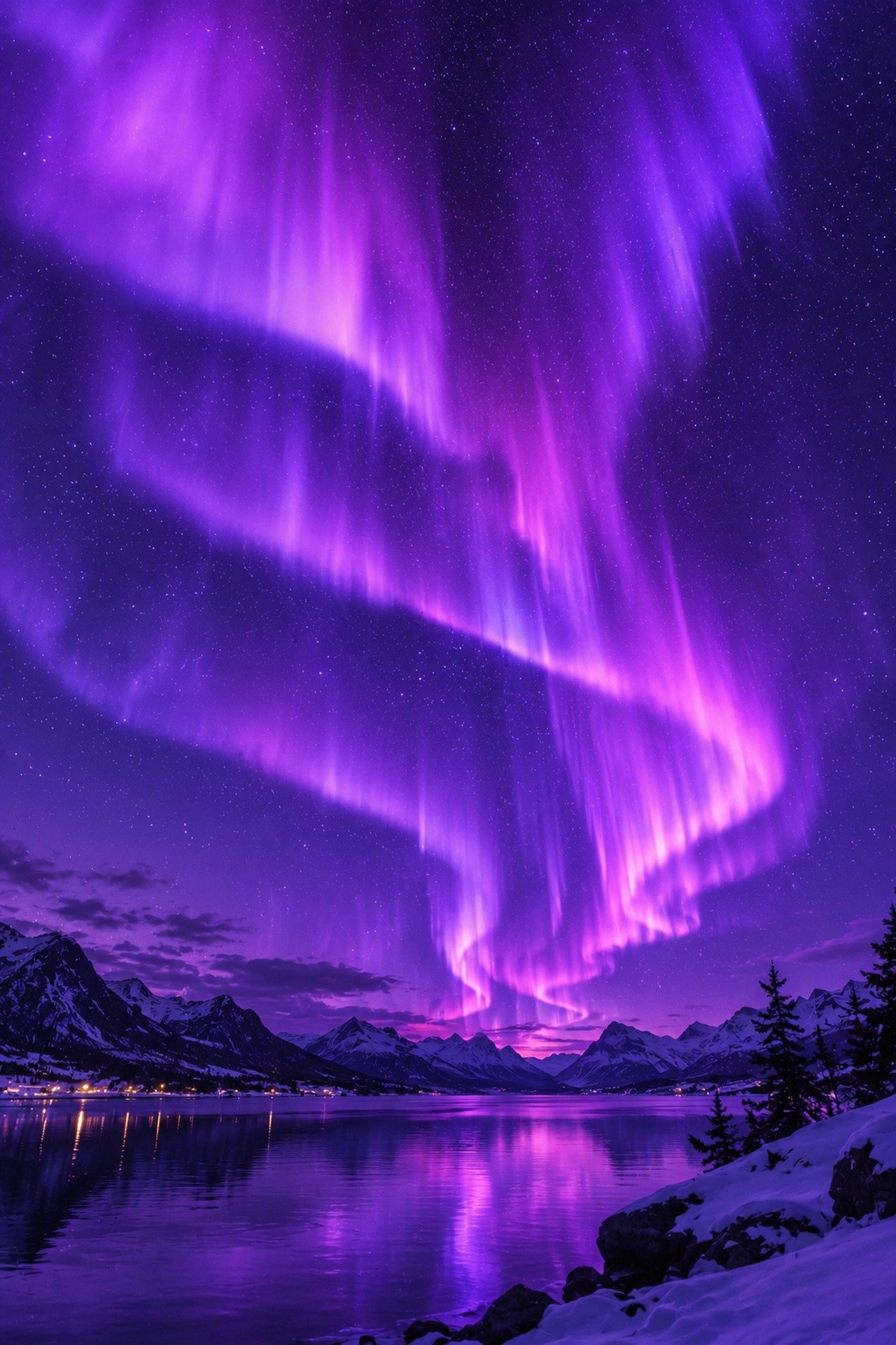 Vivid purple aurora ribbons above a mountain lake